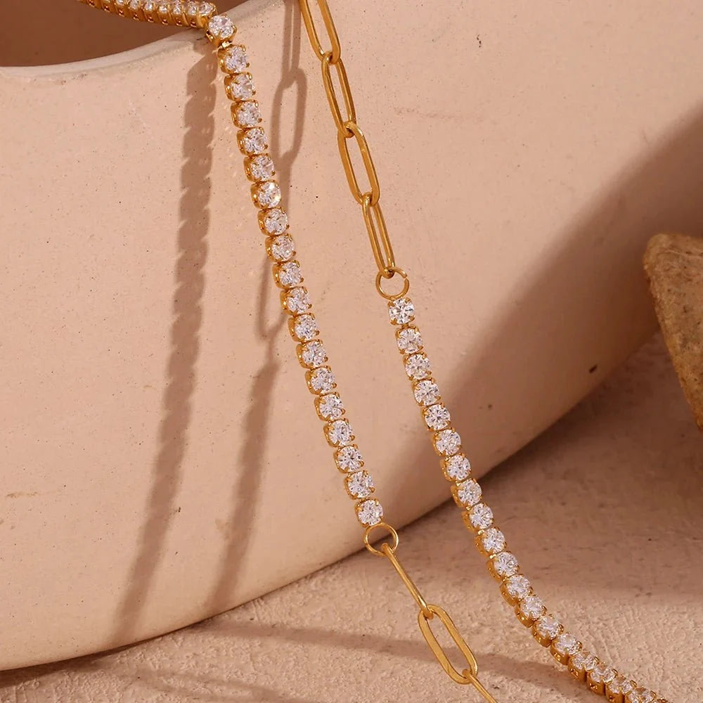 18k Paperclip Chain Tennis Necklace, Bracelet, and Earrings