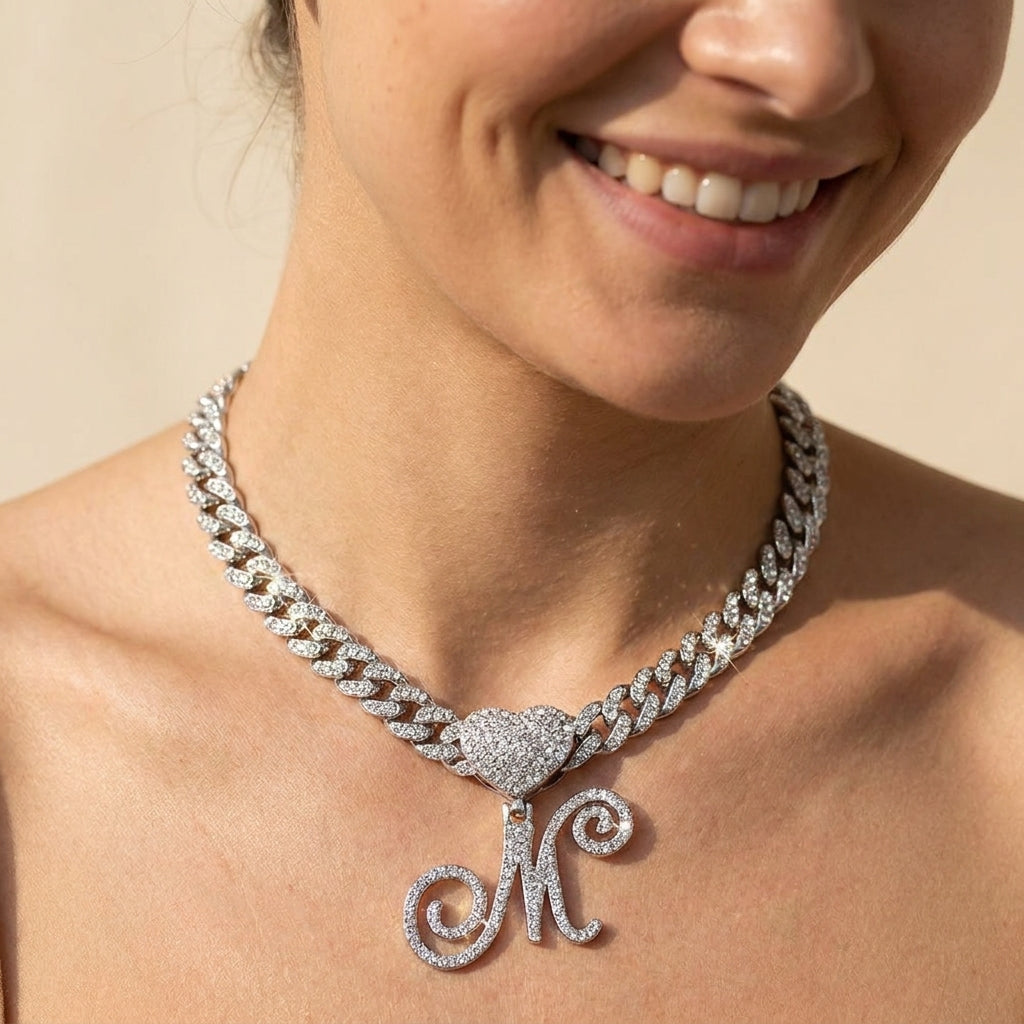 Cursive Diamond Accented Initial Cuban Heart Necklace