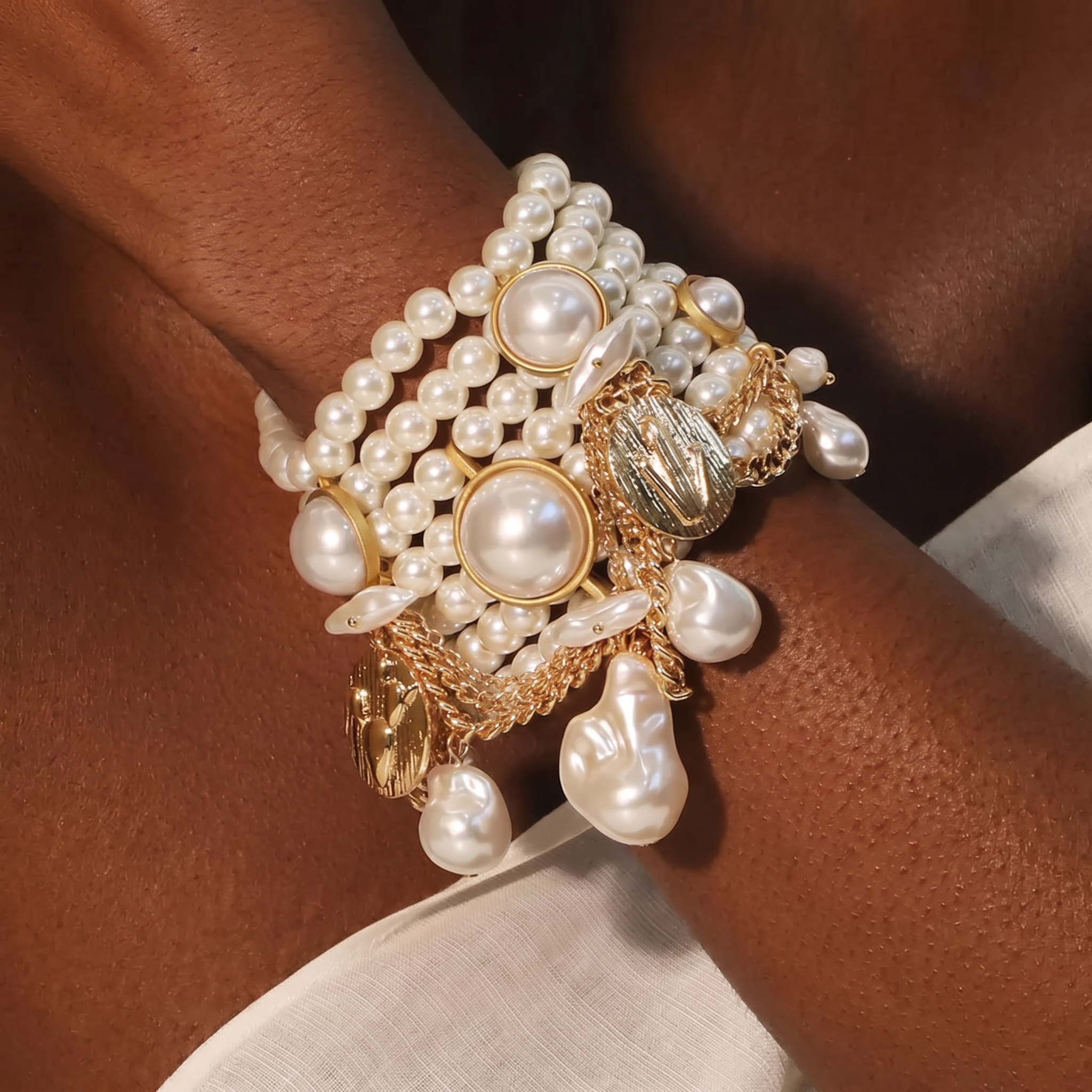 Gold Accented Chunky Pearl Bracelets Stack