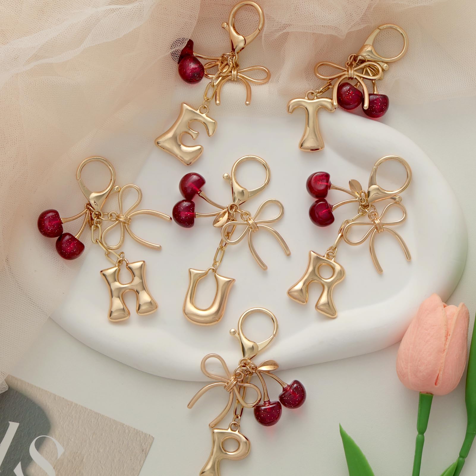 Bubble Initial With Bow & Cherry Charms Keychain