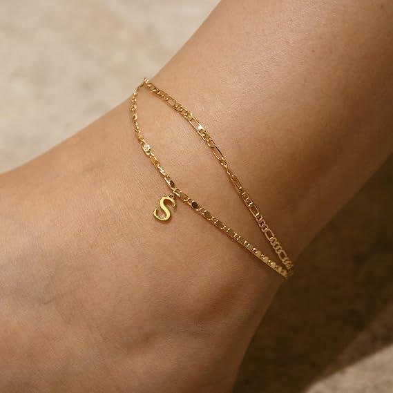 2pc 14k Serif Letter Initial Anklet Set