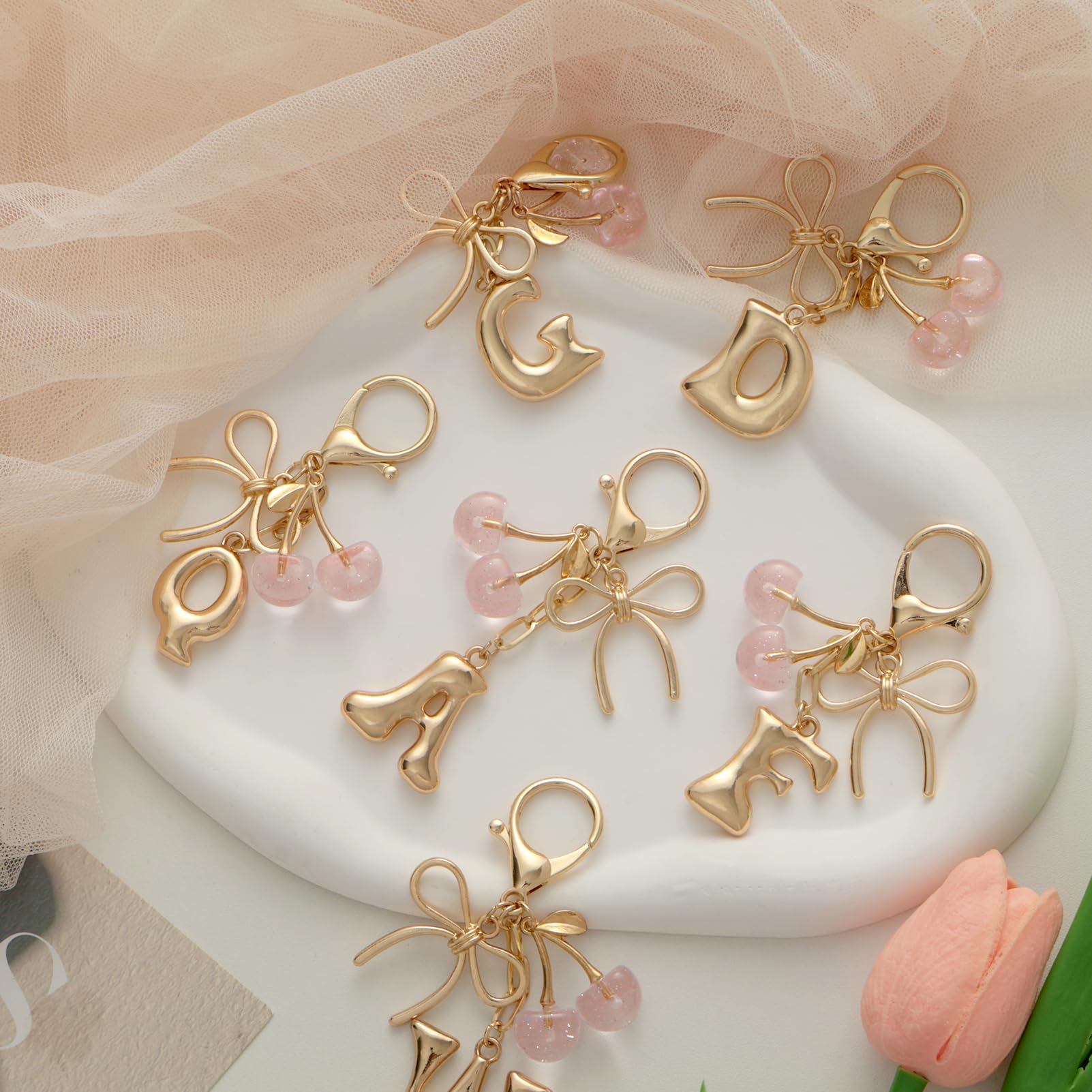 Bubble Initial With Bow & Cherry Charms Keychain