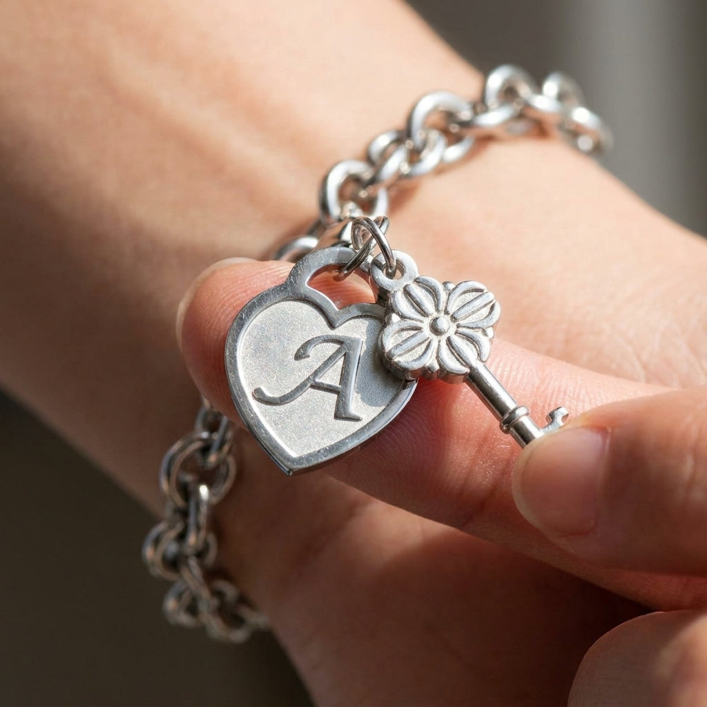 Chunky Clip Heart & Key Letter Initial Bracelet