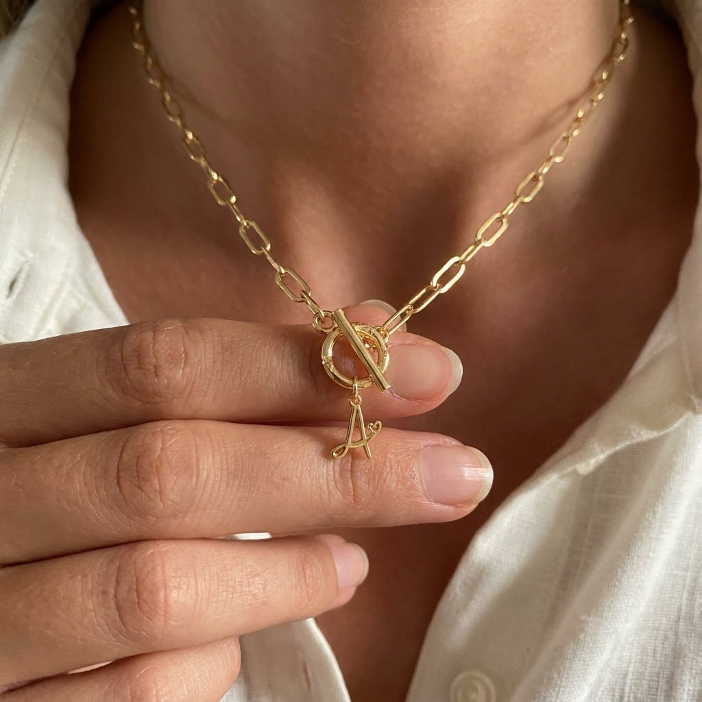 Paperclip Heart Letter Initial Toggle Clasp Necklace