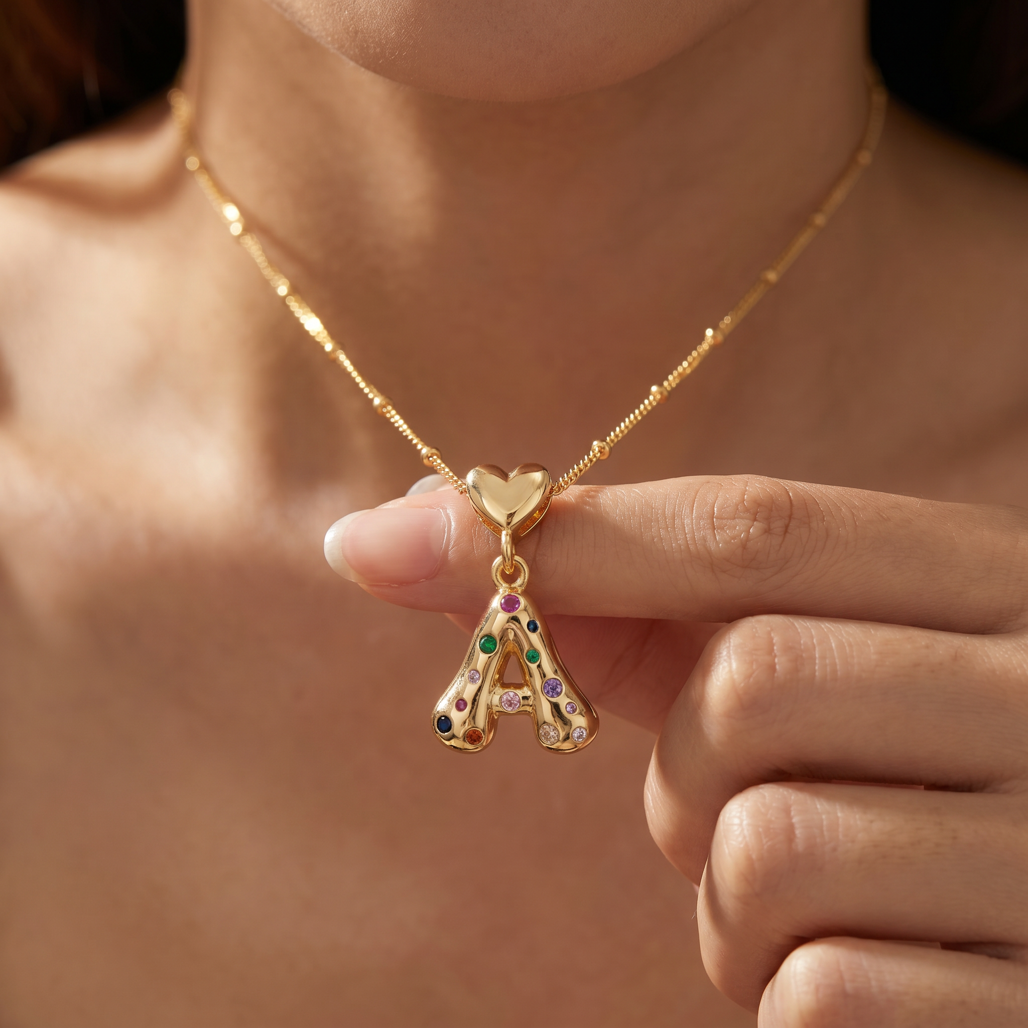 Colorful Chunky Heart Initial Satellite Chain Necklace