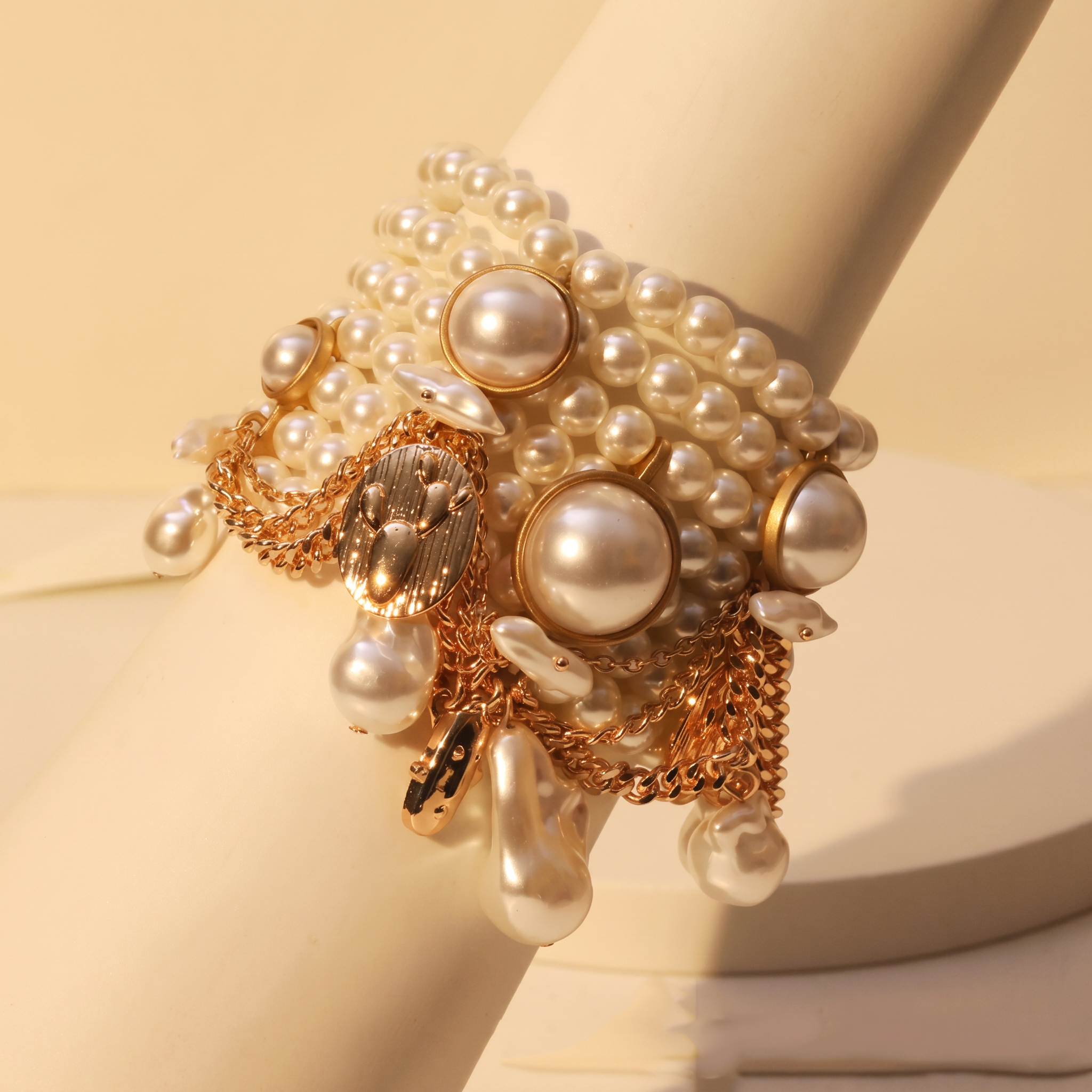 Gold Accented Chunky Pearl Bracelets Stack