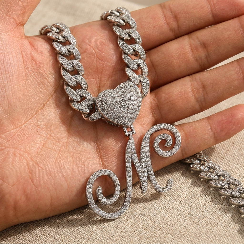 Cursive Diamond Accented Initial Cuban Heart Necklace