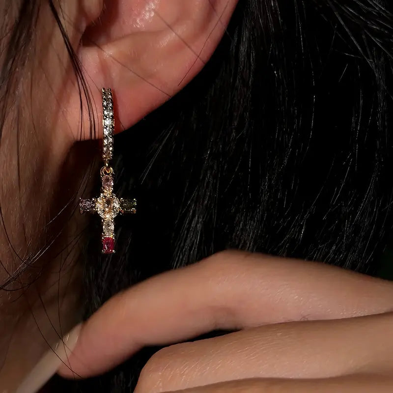Dainty Colorful Gem Set Cross Earrings