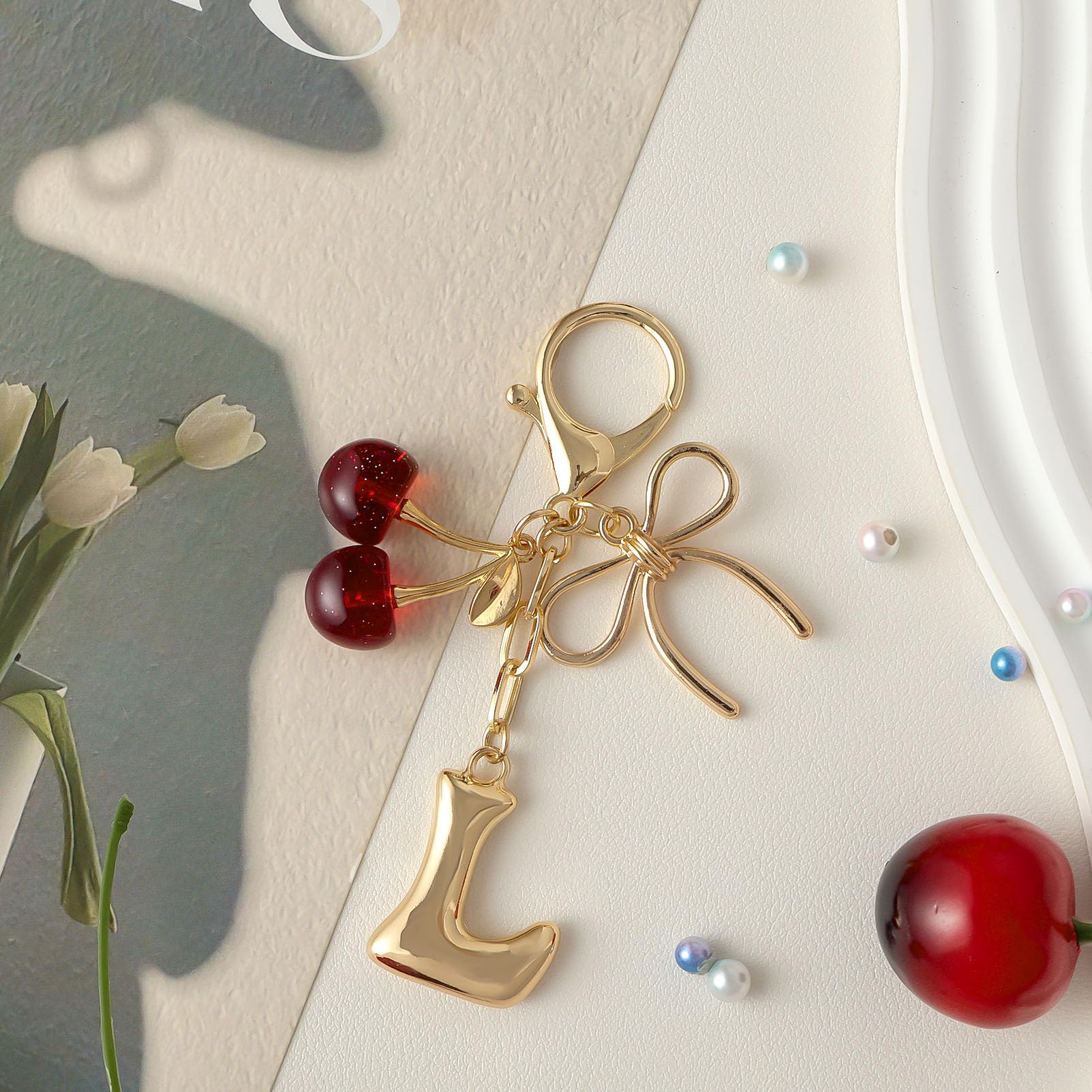 Bubble Initial With Bow & Cherry Charms Keychain