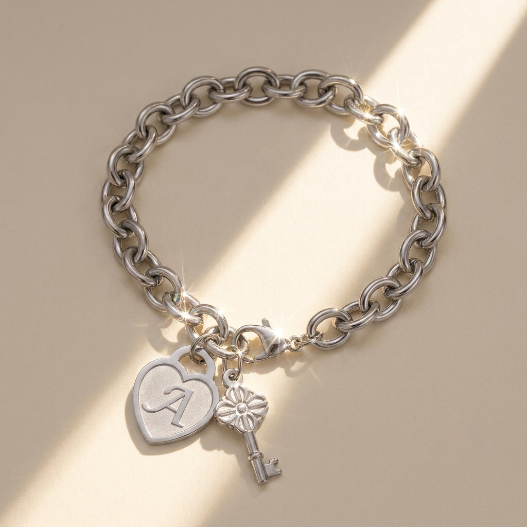 Chunky Clip Heart & Key Letter Initial Bracelet