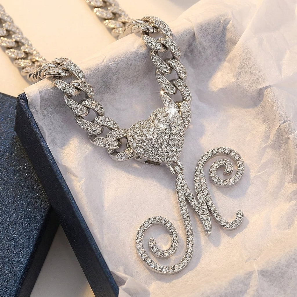 Cursive Diamond Accented Initial Cuban Heart Necklace