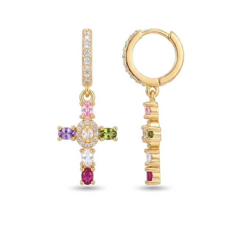 Dainty Colorful Gem Set Cross Earrings