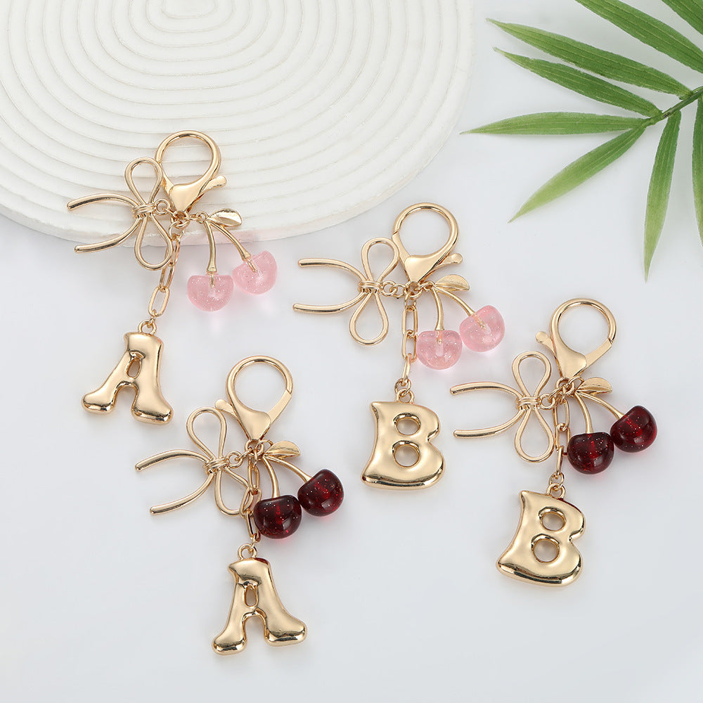 Bubble Initial With Bow & Cherry Charms Keychain