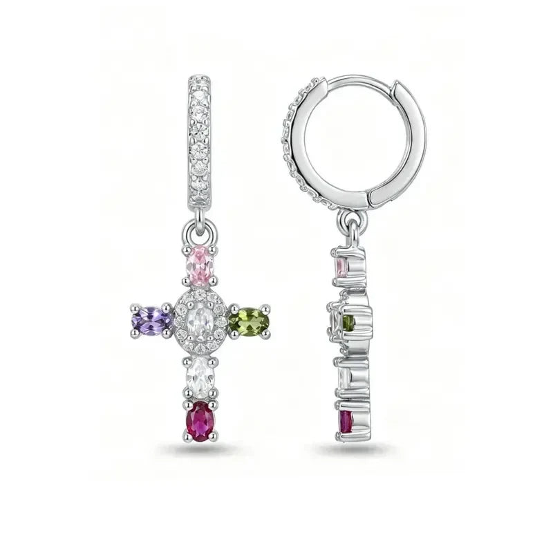 Dainty Colorful Gem Set Cross Earrings