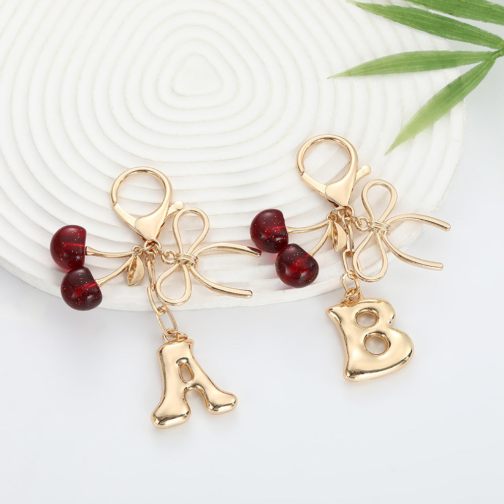 Bubble Initial With Bow & Cherry Charms Keychain