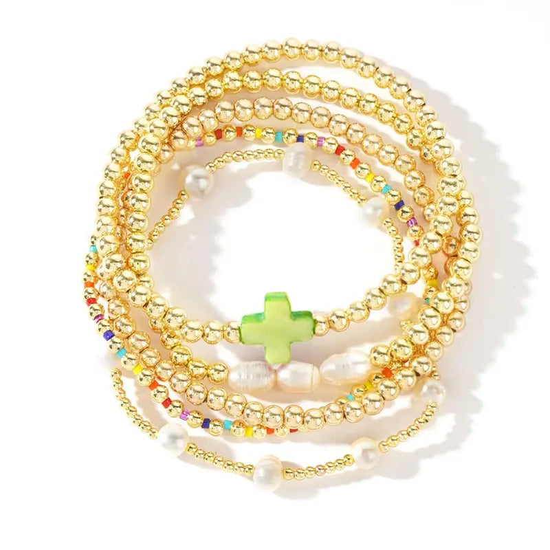 5pc Colorful Boho Pearl & Cross Beaded Bracelet Stack