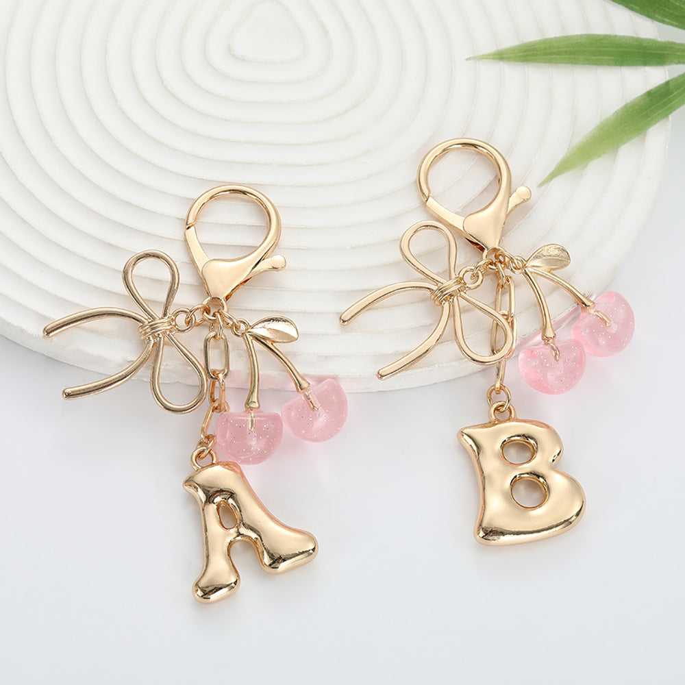 Bubble Initial With Bow & Cherry Charms Keychain