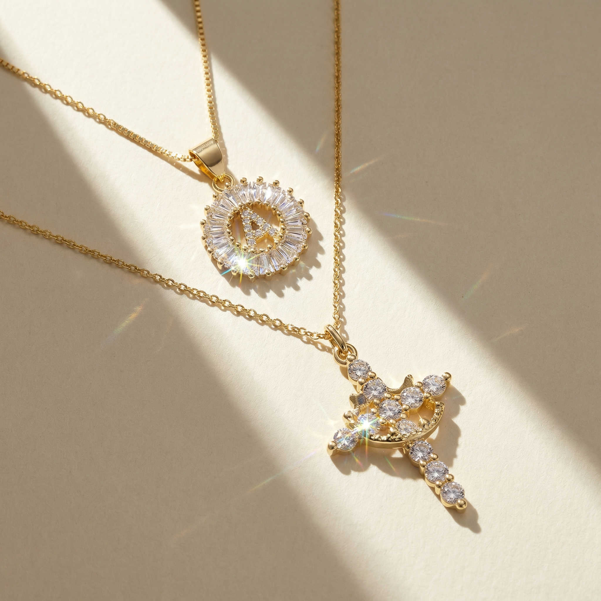 2pc 14k Diamond Cross Crown & Initial Necklace Set