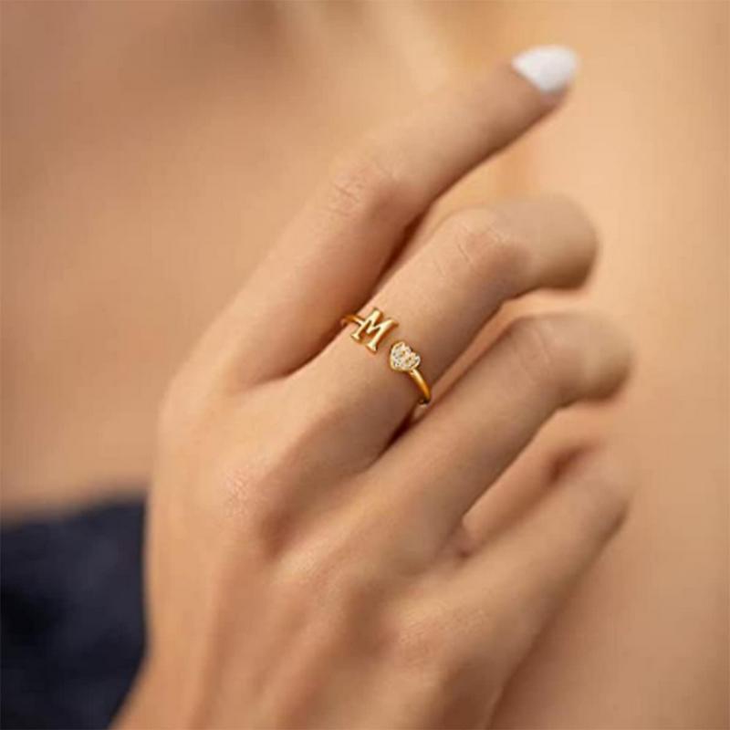 Elegant Heart Accented Serif Letter Initial Ring