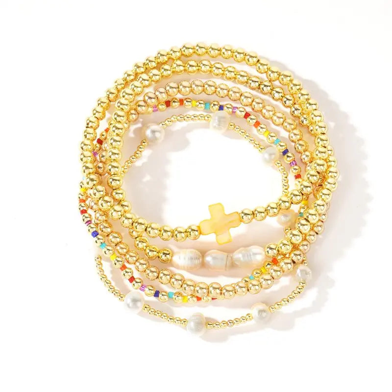 5pc Colorful Boho Pearl & Cross Beaded Bracelet Stack