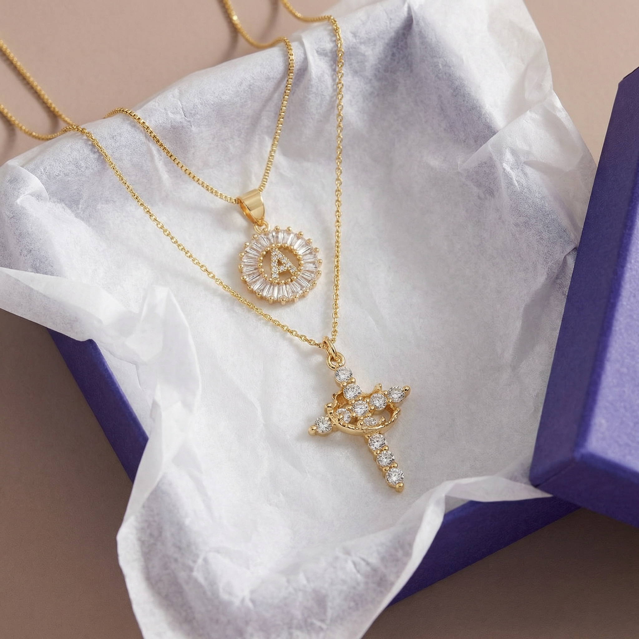 2pc 14k Diamond Cross Crown & Initial Necklace Set