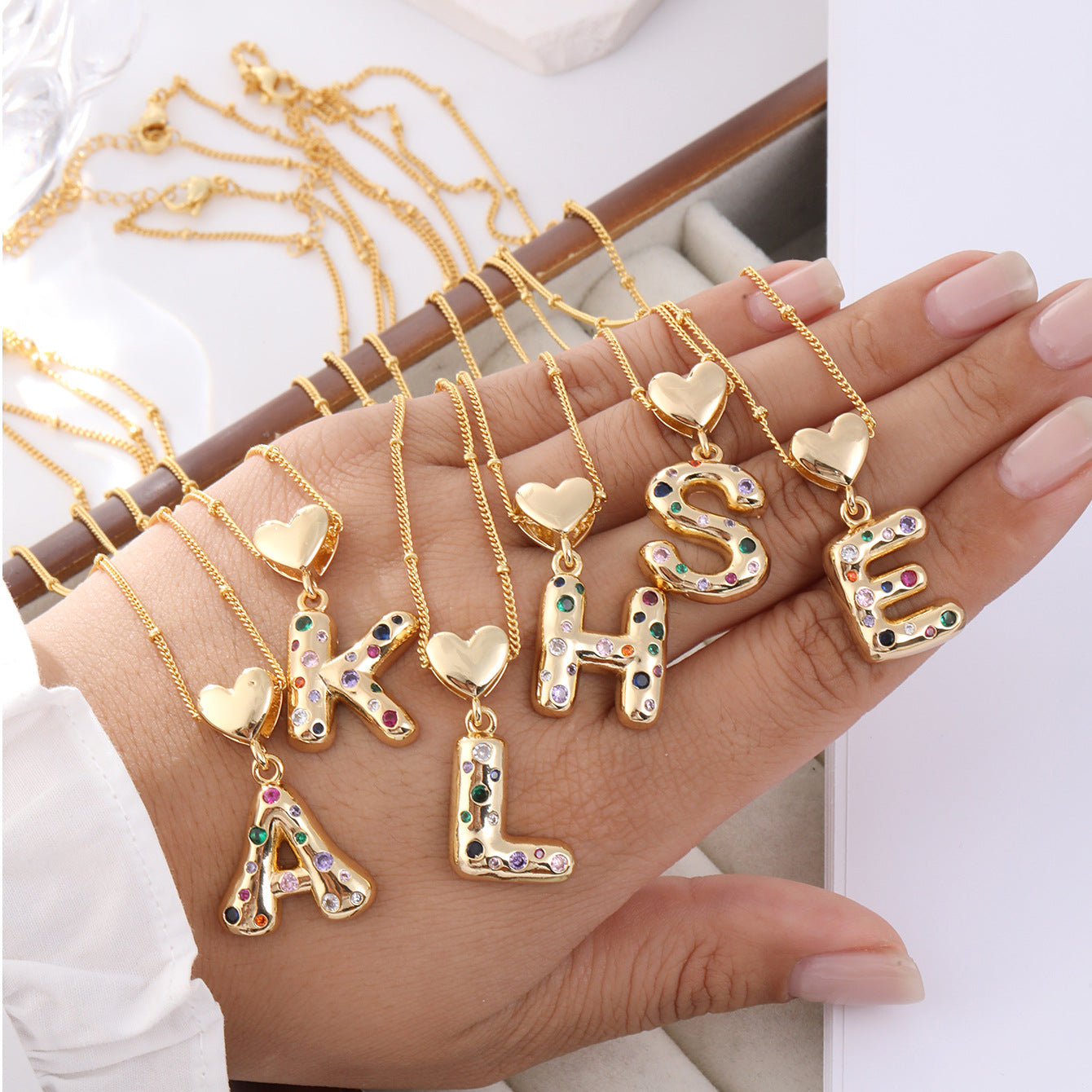 Colorful Chunky Heart Initial Satellite Chain Necklace