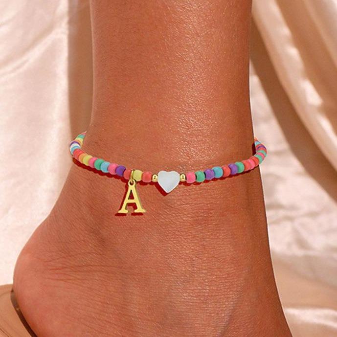 Colorful Pearl Heart Initial Anklet