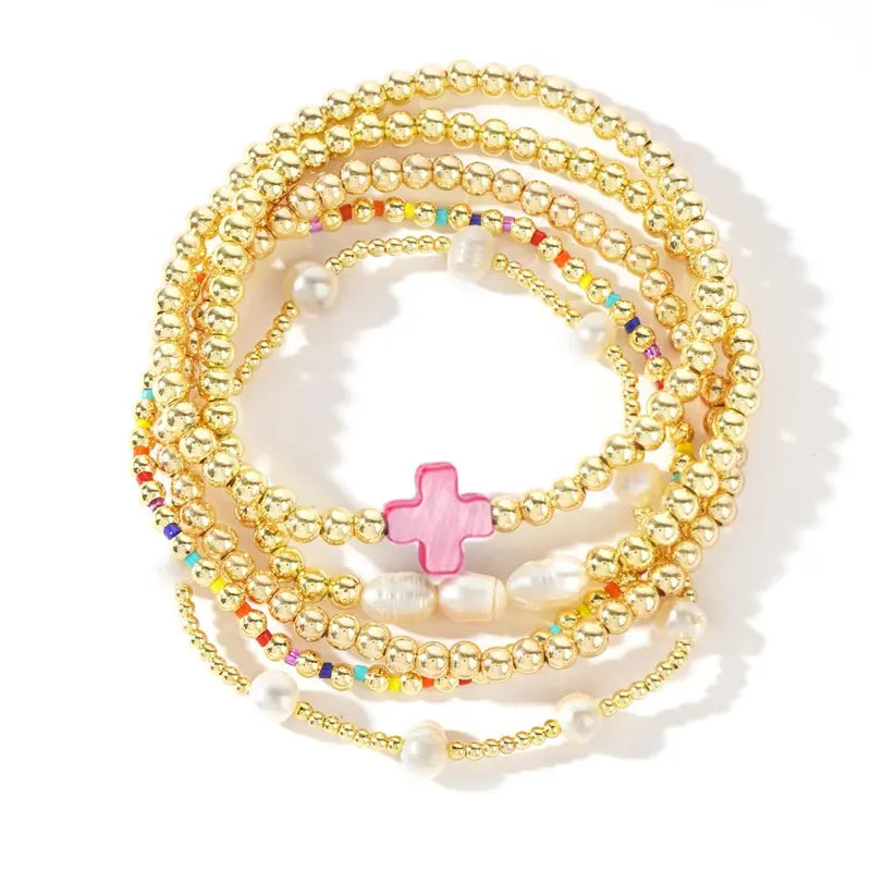 5pc Colorful Boho Pearl & Cross Beaded Bracelet Stack