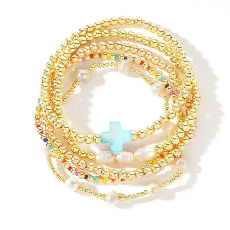 5pc Colorful Boho Pearl & Cross Beaded Bracelet Stack