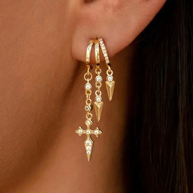 14k Triple Huggie Dangle Earrings Pair