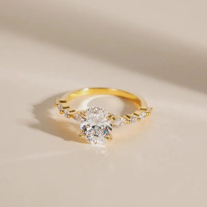 S925 3CT Elegant Oval Set Moissanite Accented Band Ring