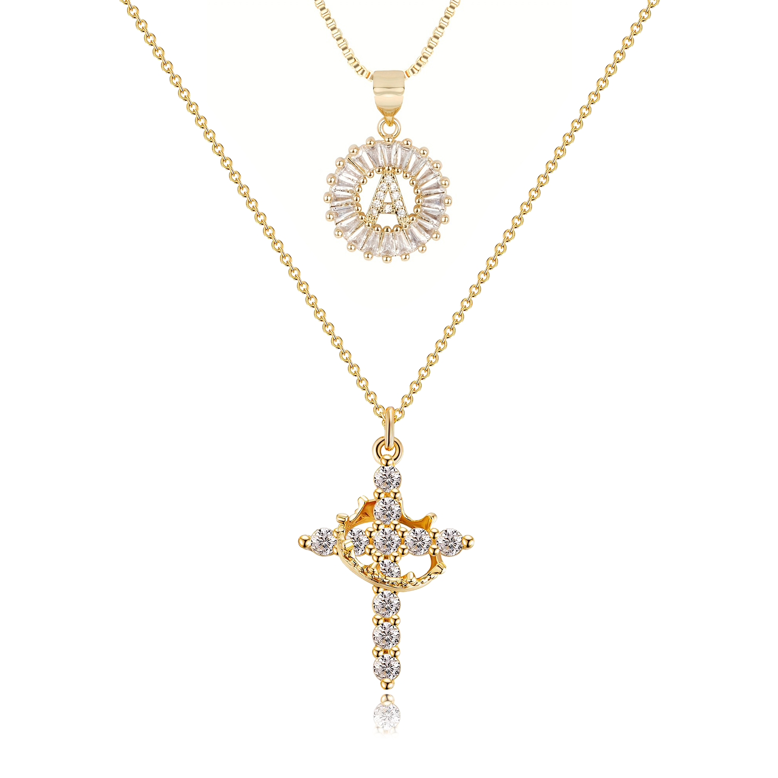 2pc 14k Diamond Cross Crown & Initial Necklace Set