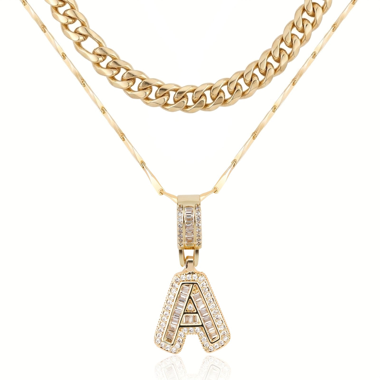 2pc 14k Layered Cuban & Initial Necklaces