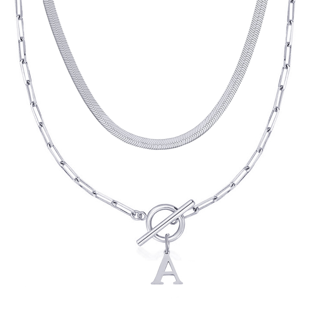 2pc Paperclip Initial Toggle Clasp & Herringbone Necklace Set