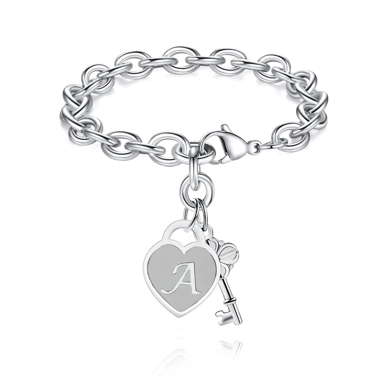 Chunky Clip Heart & Key Letter Initial Bracelet