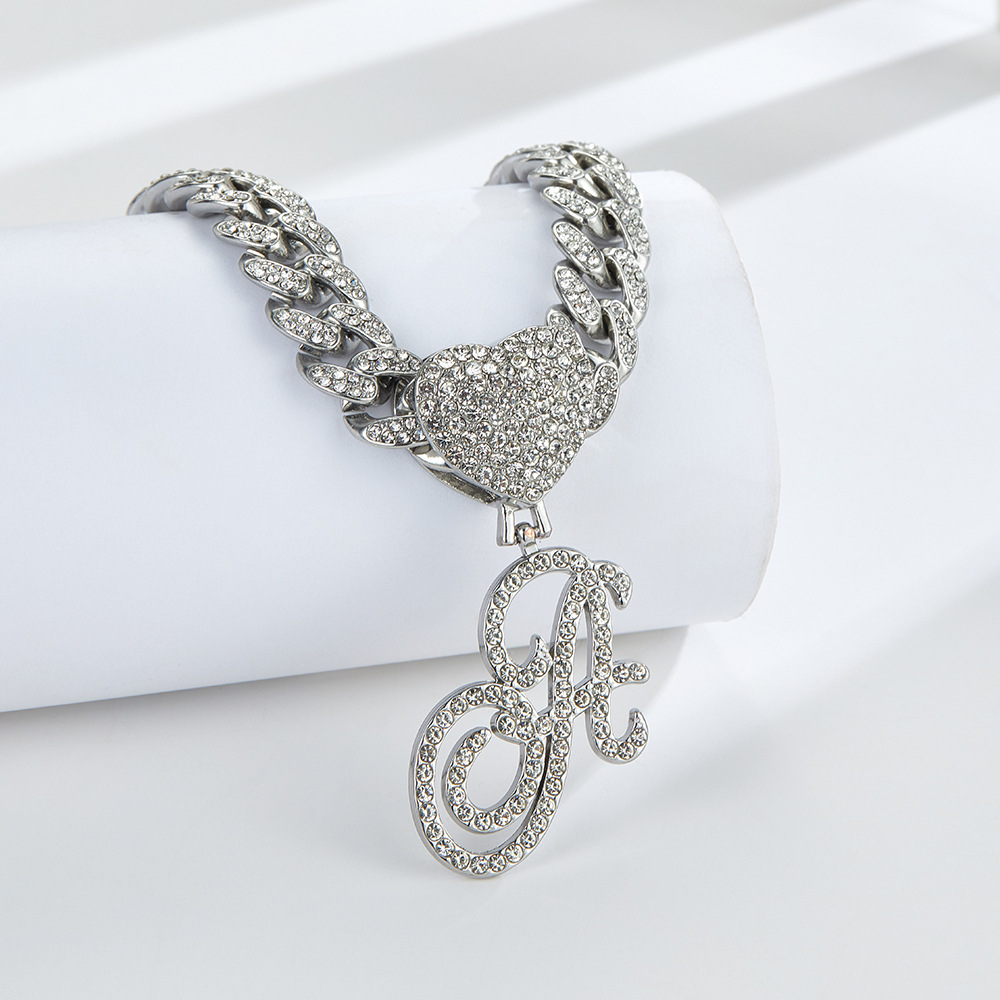 Cursive Diamond Accented Initial Cuban Heart Necklace