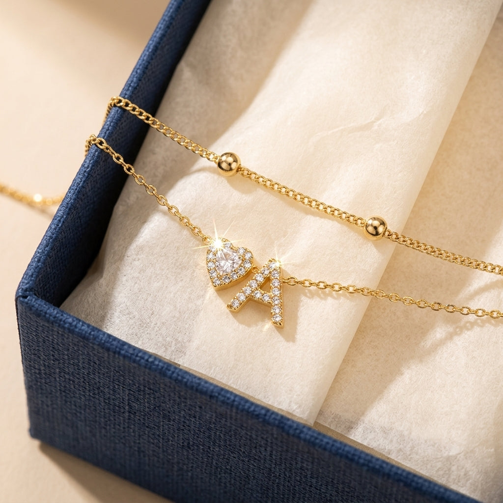 Layered Satellite & Heart Initial Anklet