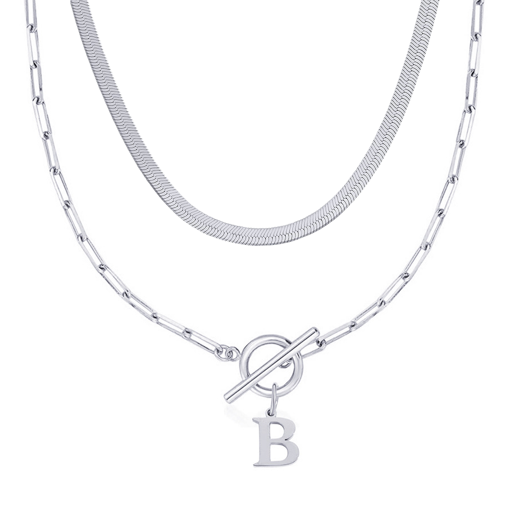 2pc Paperclip Initial Toggle Clasp & Herringbone Necklace Set