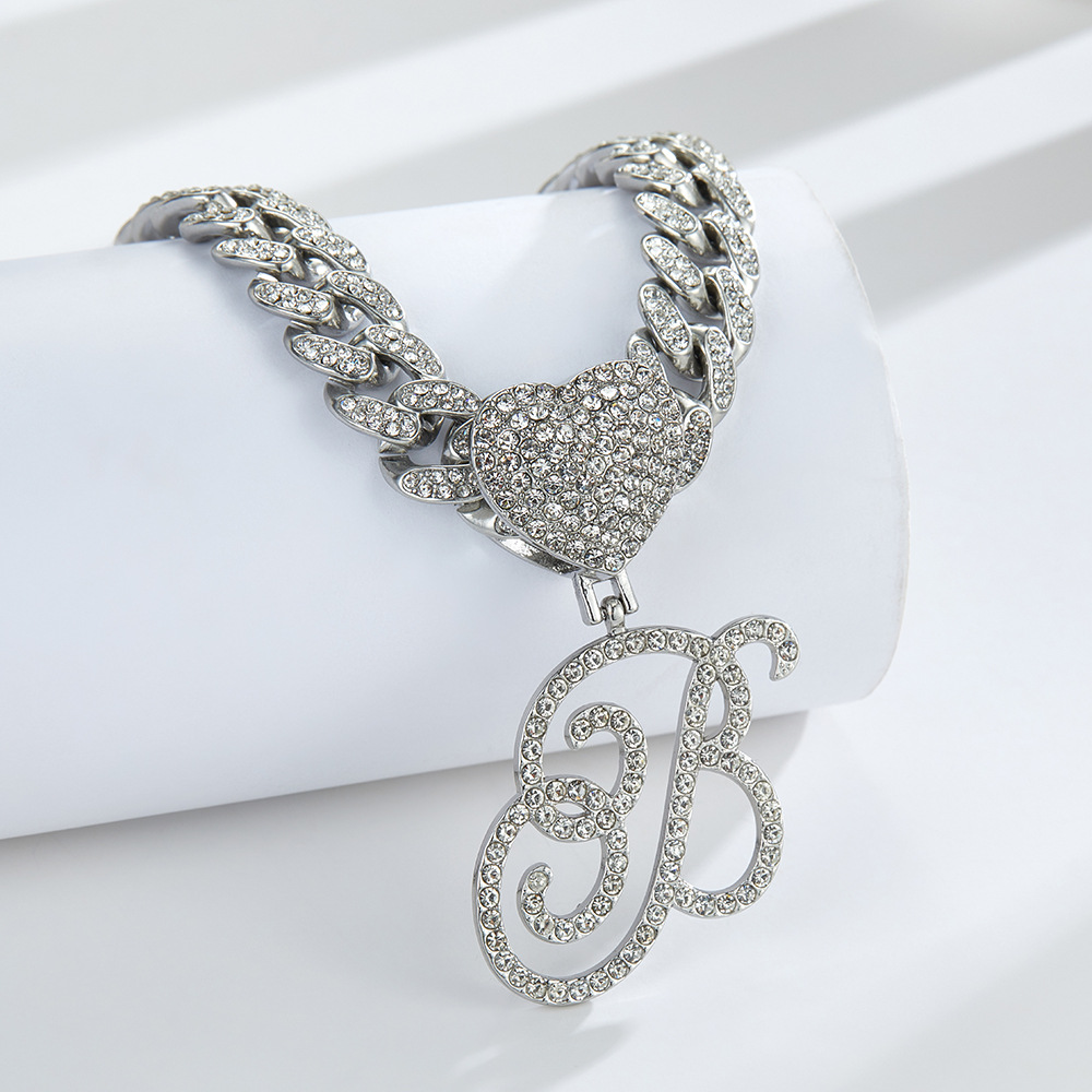Cursive Diamond Accented Initial Cuban Heart Necklace