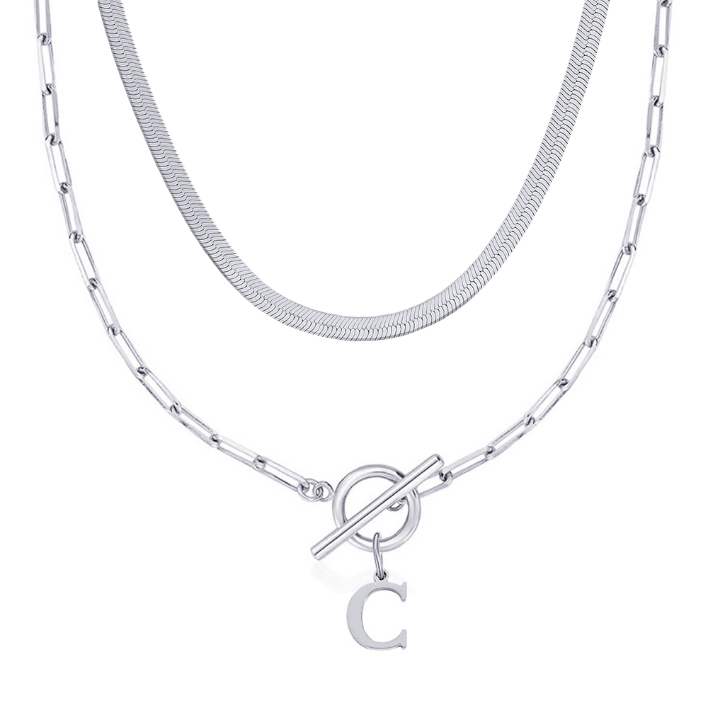 2pc Paperclip Initial Toggle Clasp & Herringbone Necklace Set