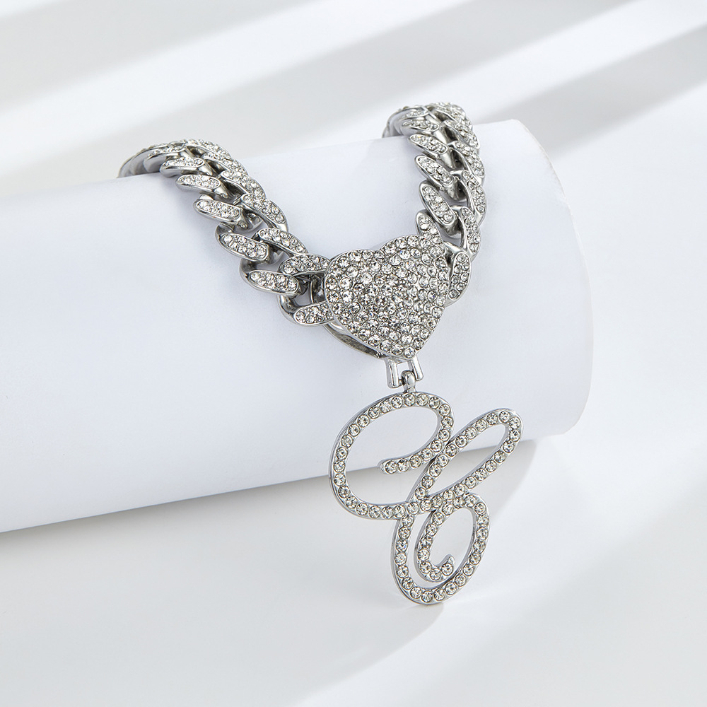 Cursive Diamond Accented Initial Cuban Heart Necklace