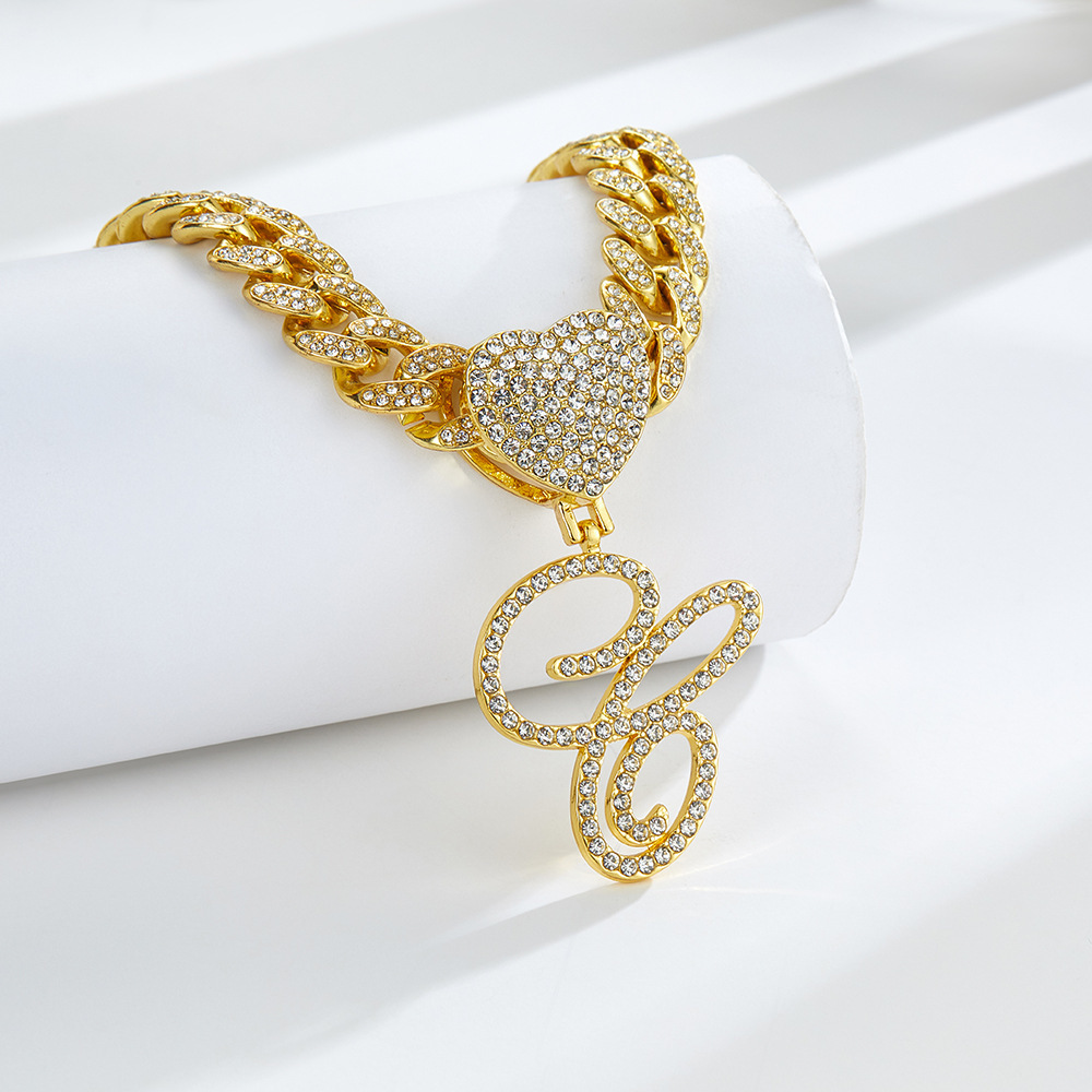 Cursive Diamond Accented Initial Cuban Heart Necklace