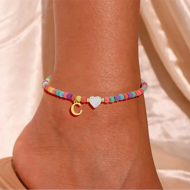 Colorful Pearl Heart Initial Anklet