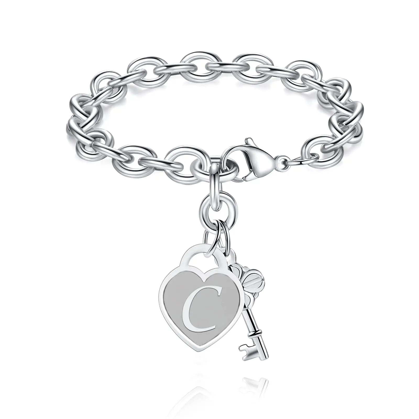 Chunky Clip Heart & Key Letter Initial Bracelet