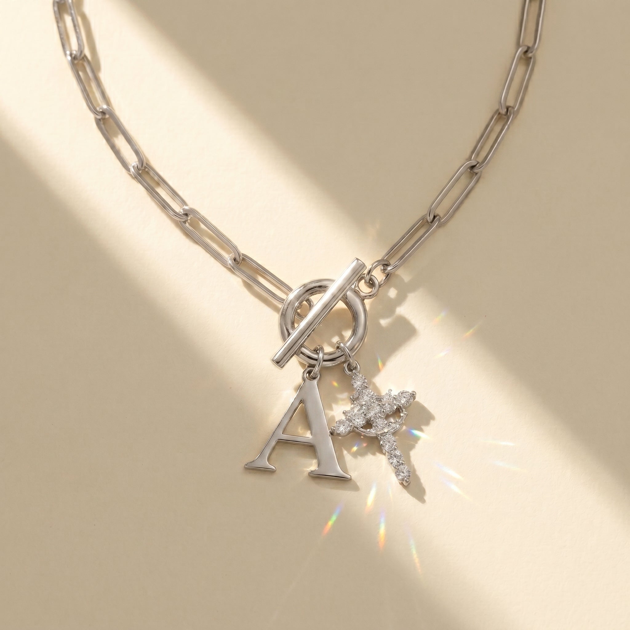 Paperclip Initial & Cross Toggle Clasp Necklace