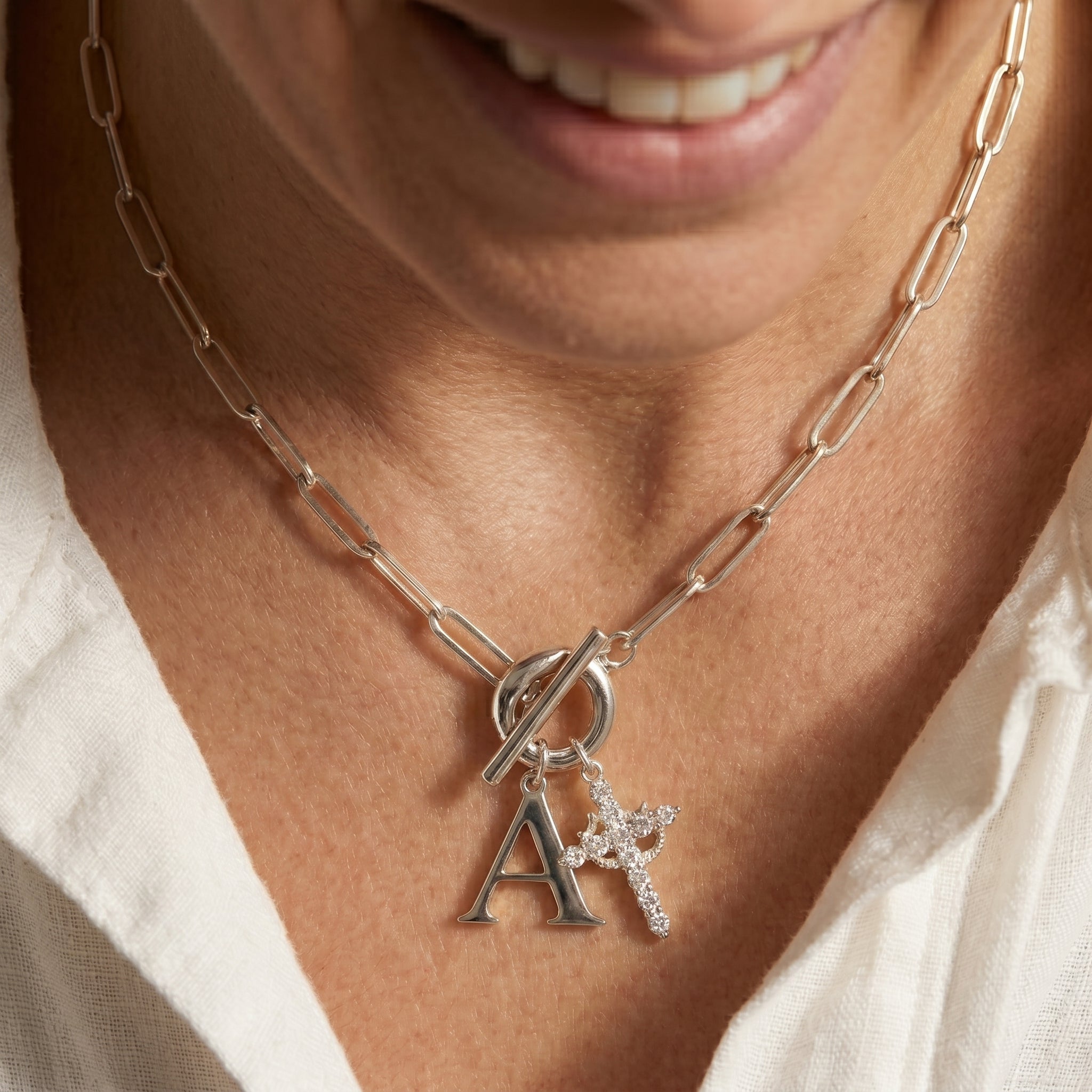Paperclip Initial & Cross Toggle Clasp Necklace