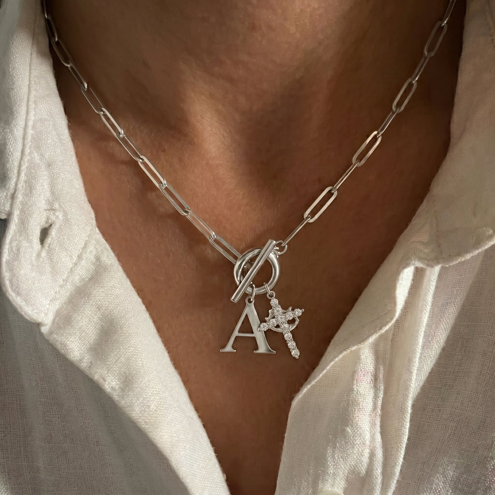 Paperclip Initial & Cross Toggle Clasp Necklace