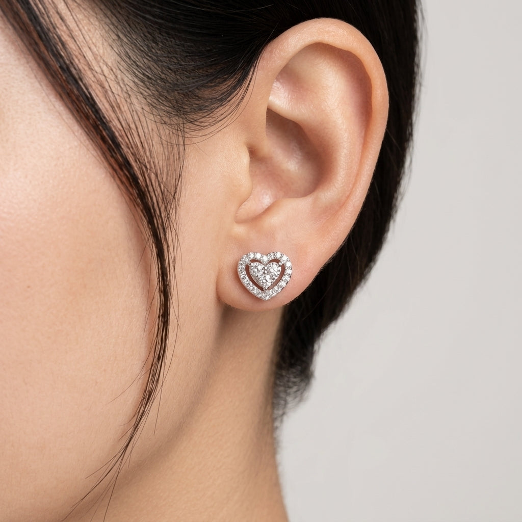 Elegant CZ Heart Stud Earrings