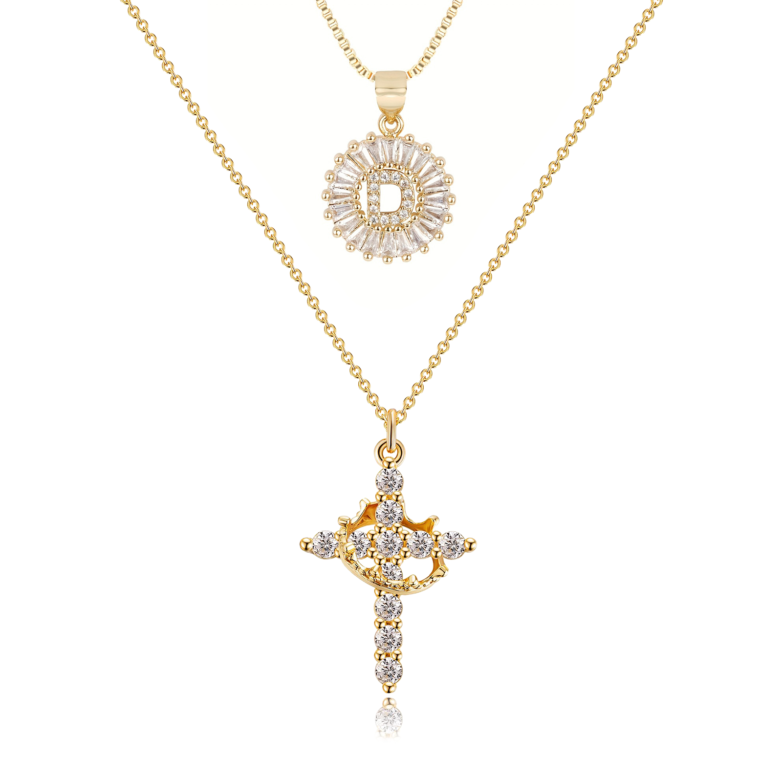 2pc 14k Diamond Cross Crown & Initial Necklace Set