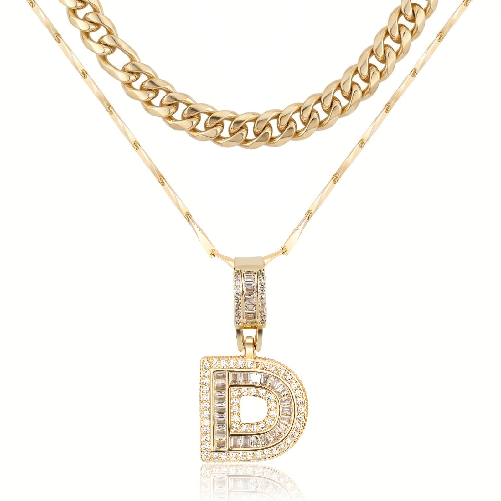 2pc 14k Layered Cuban & Initial Necklaces